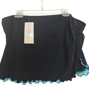 NWT Profile By Gottex Black Bathing Suit Bottoms Skort with Blue Aqua Ruffle